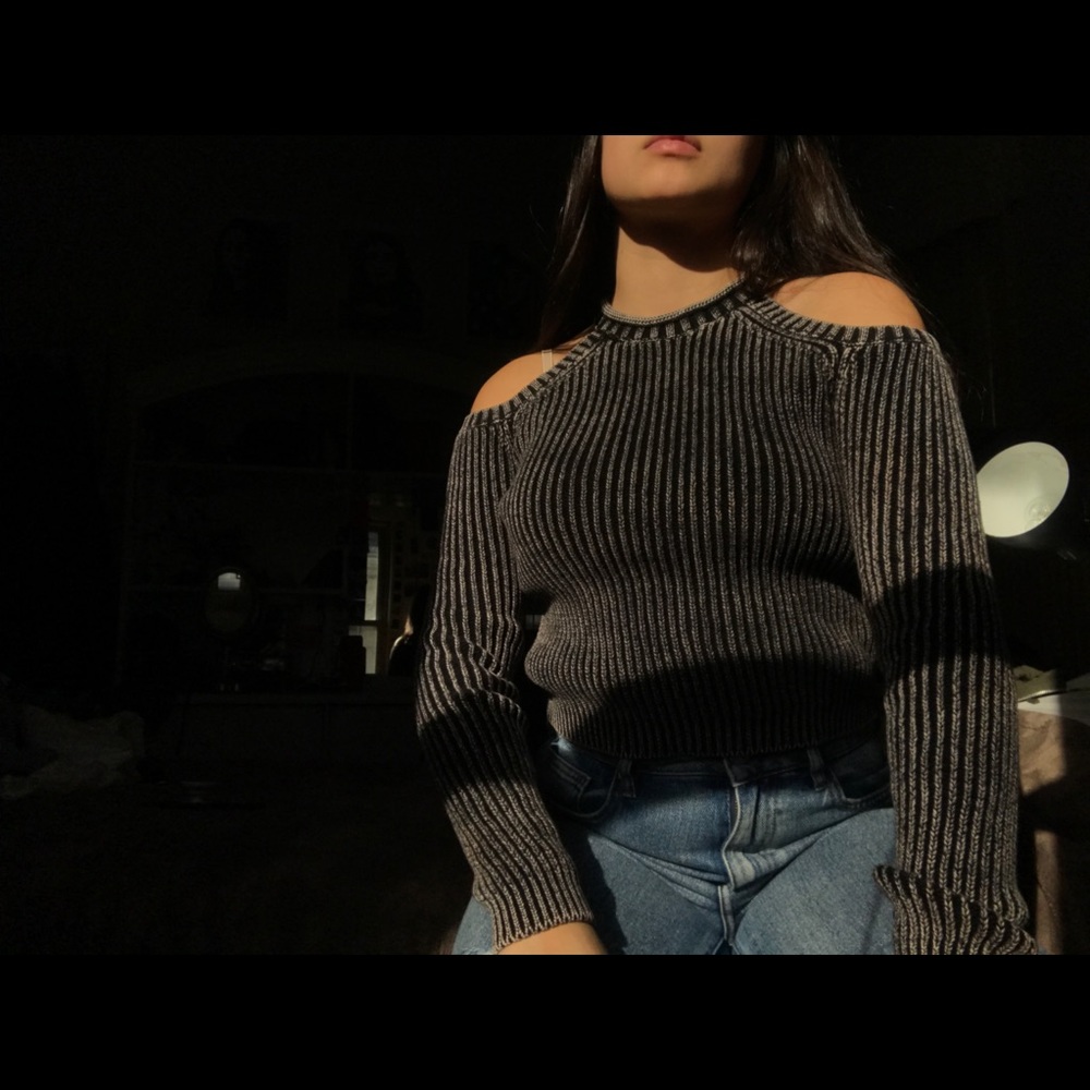 Charcoal Mock Neck Shoulderless Sweater